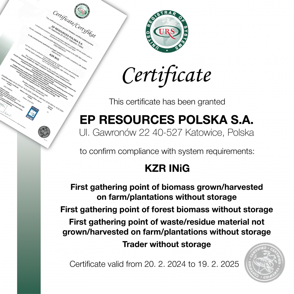 EP Resources in Poland received Certificate of Sustainability 